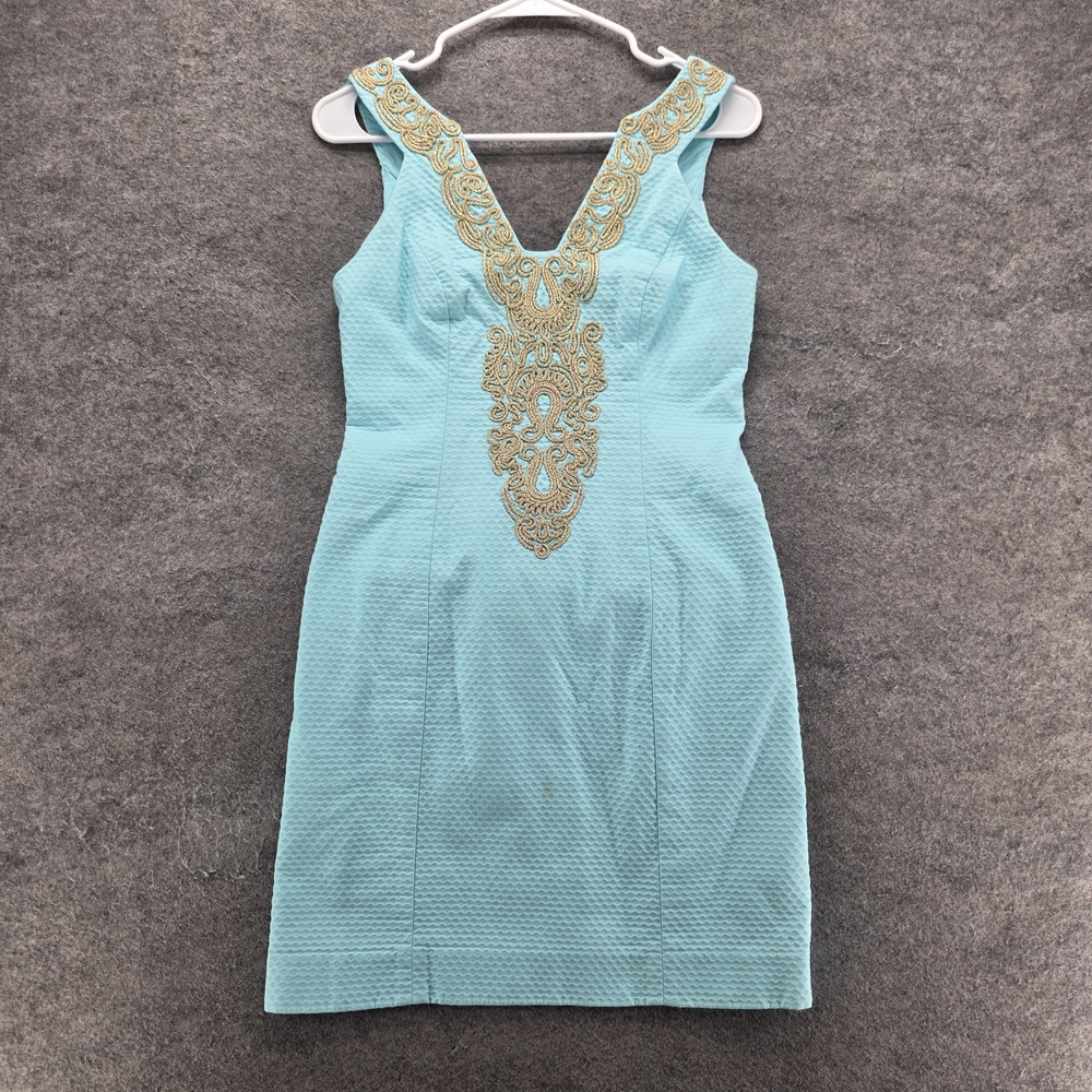 Lilly Pulitzer Dress Womens 0 Blue Sheath Short V-Neck Embroidered Cotton Party